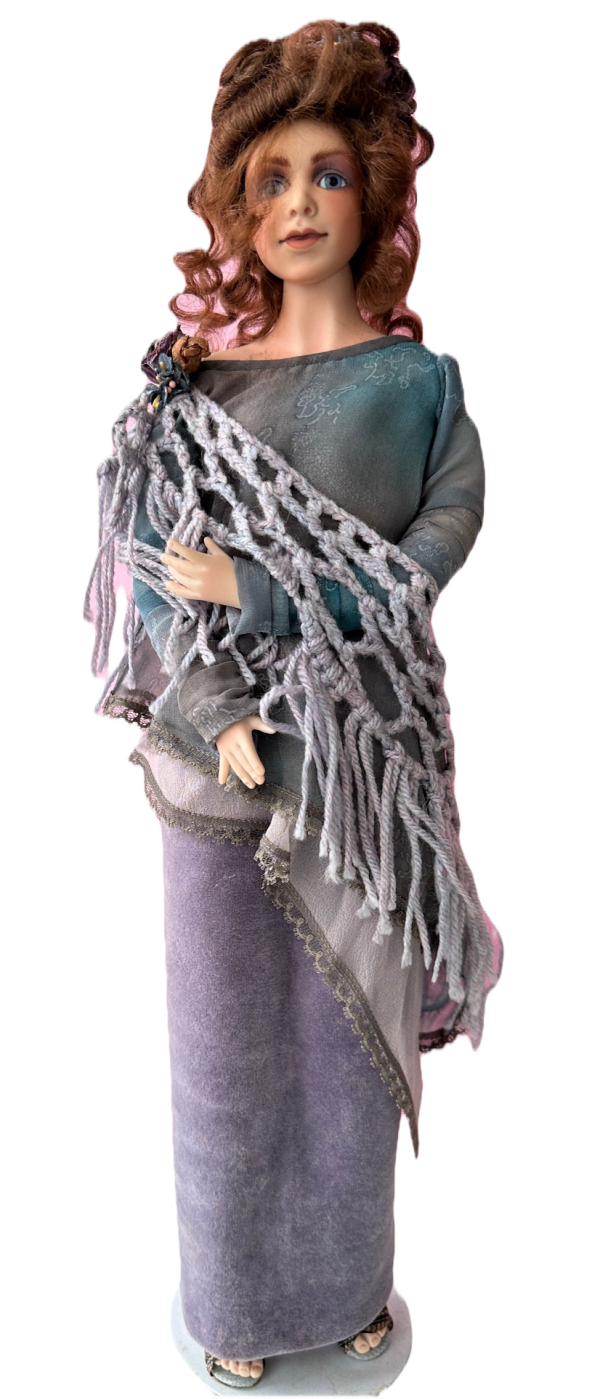 Raven by Gillie Charlson 20" porcelain with armature in cloth body with Antique fabrics One of a Kind