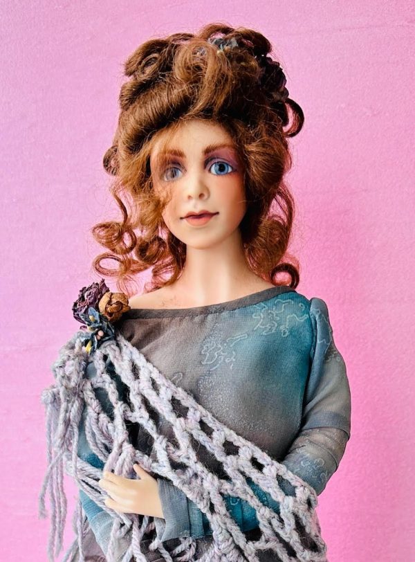 Raven by Gillie Charlson 20" porcelain with armature in cloth body with Antique fabrics One of a Kind - Image 5