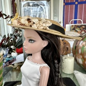 Tan Portrait Hat with Navy Ribbon and Flower Cluster (Modeled on 7-8″ Head)