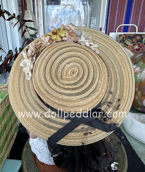 Tan Portrait Hat with Navy Ribbon and Flower Cluster (Modeled on 7-8" Head) - Image 3