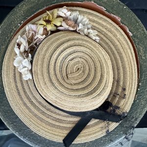 Tan Portrait Hat with Navy Ribbon and Flower Cluster (Modeled on 7-8″ Head)