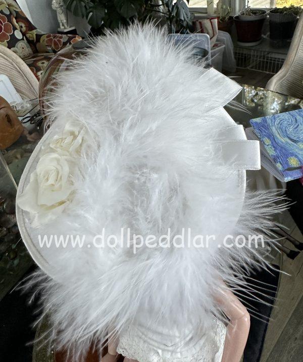 Fancy White Rose and Feather Portrait Hat (Modeled on 7-8" Head) - Image 4