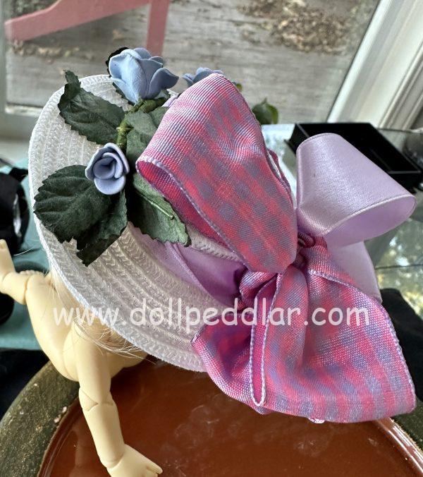 White Straw Hat with Ribbon and Blue Roses (Modeled on 5-6" Head) - Image 3