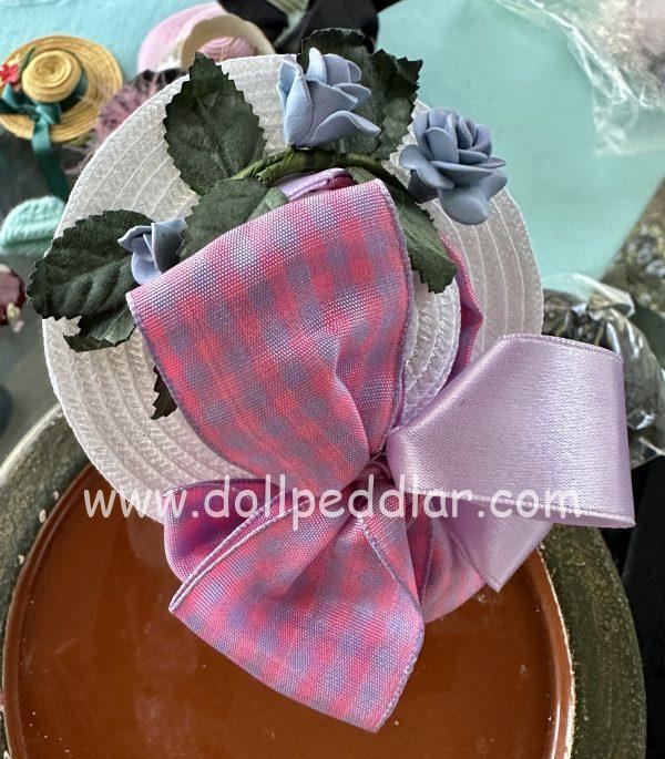 White Straw Hat with Ribbon and Blue Roses (Modeled on 5-6" Head)