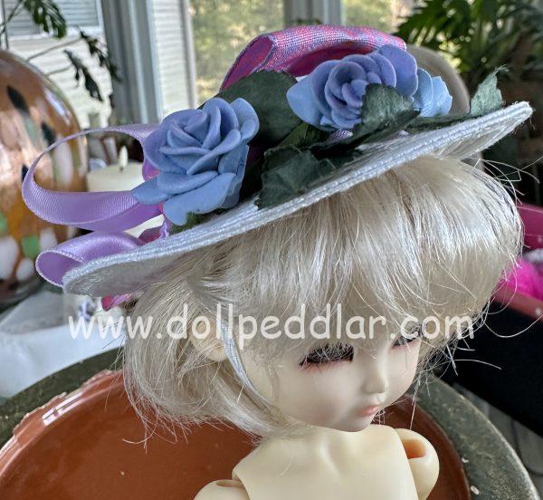 White Straw Hat with Ribbon and Blue Roses (Modeled on 5-6" Head) - Image 4