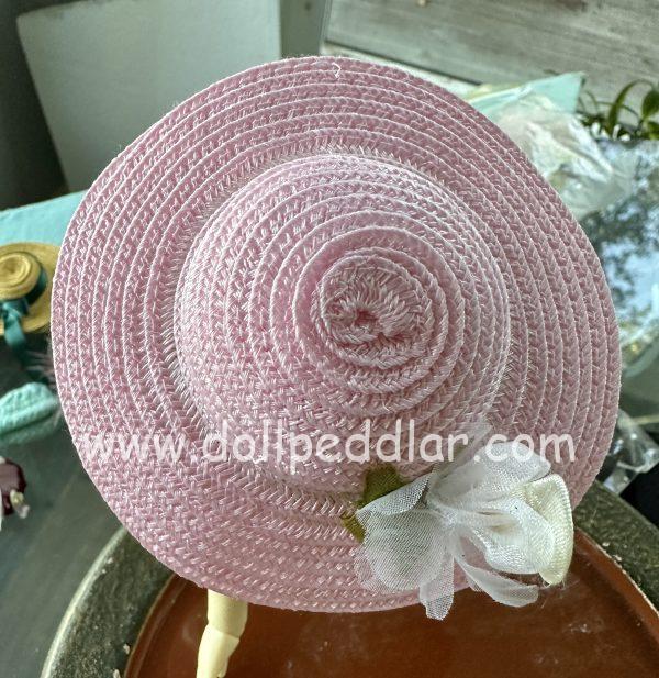 Pink Straw Hat with White Flower (Modeled on 5-6" Head)