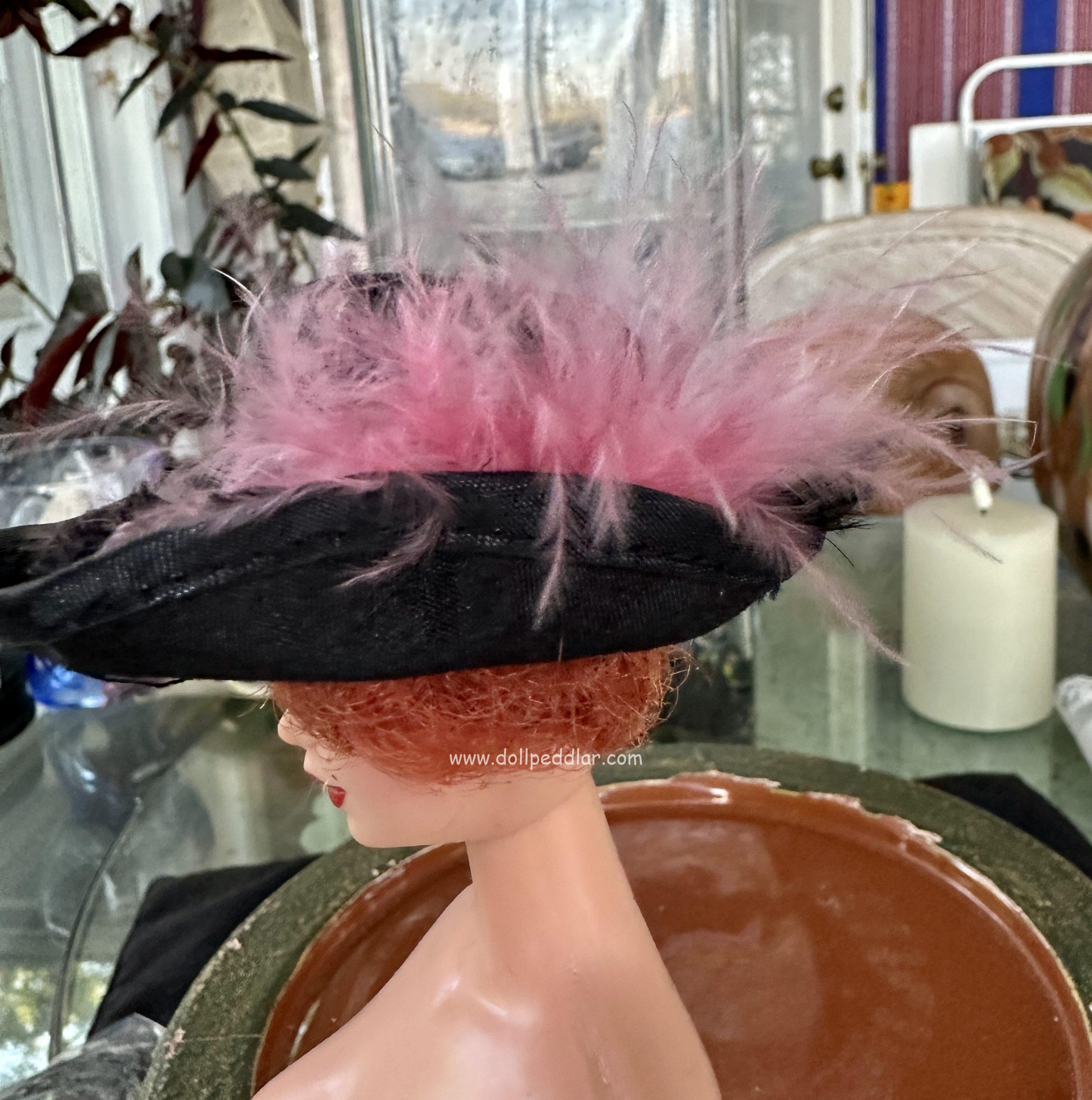 Black Pirate Hat with Pink Feather (Modeled on 4" Head) - Image 3