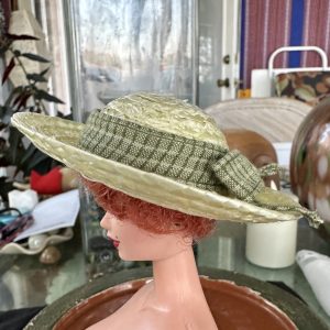 Straw Hat with Green Checkered Ribbon (Modeled on 4″ Head)