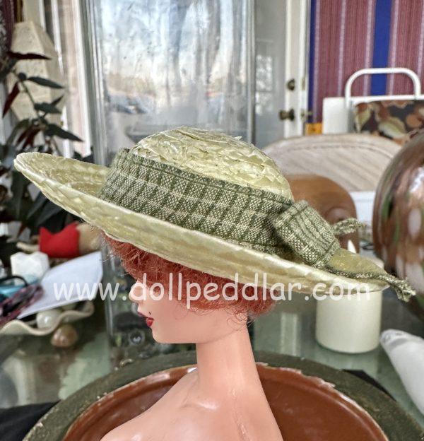 Straw Hat with Green Checkered Ribbon (Modeled on 4" Head)