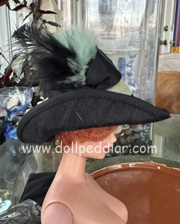Black Historic Feathered Hat with Green Accents (Modeled on 4" Head)