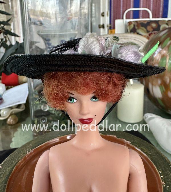 Black Straw Hat with Green Ribbon and Flowers (Modeled on 4" Head) - Image 3