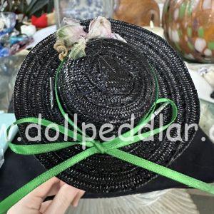 Black Straw Hat with Green Ribbon and Flowers (Modeled on 4″ Head)