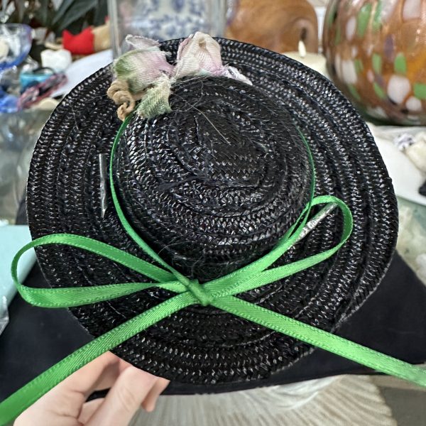 Black Straw Hat with Green Ribbon and Flowers (Modeled on 4" Head)