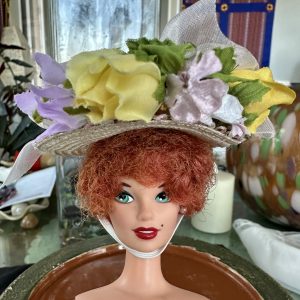 Hat with Yellow and Purple Roses & Ribbon Modeled on 4″ Doll