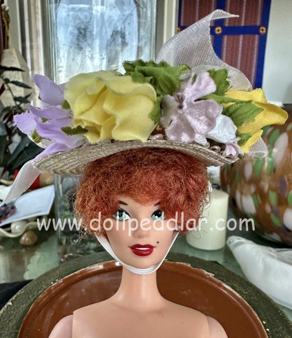 Hat with Yellow and Purple Roses & Ribbon Modeled on 4" Doll
