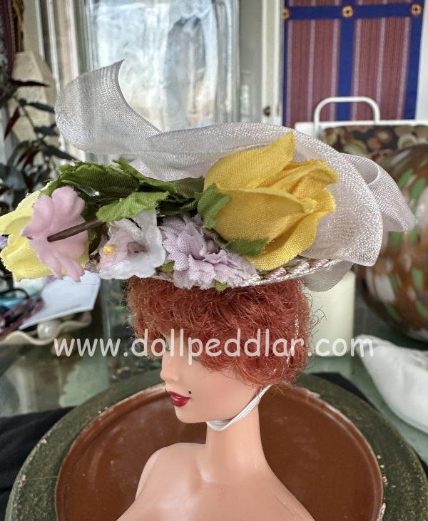 Hat with Yellow and Purple Roses & Ribbon Modeled on 4" Doll - Image 5