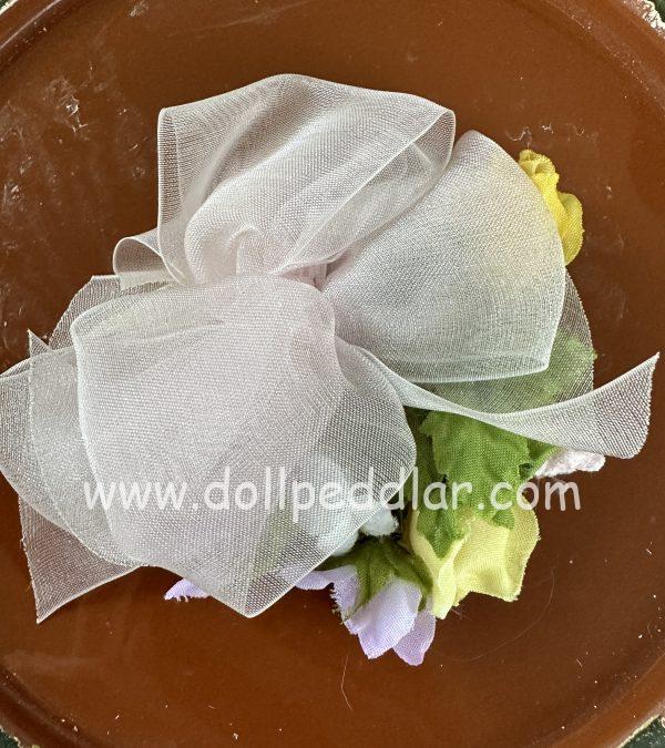 Hat with Yellow and Purple Roses & Ribbon Modeled on 4" Doll - Image 4