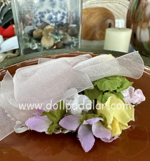 Hat with Yellow and Purple Roses & Ribbon Modeled on 4" Doll - Image 3