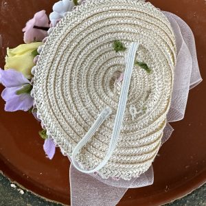Hat with Yellow and Purple Roses & Ribbon Modeled on 4″ Doll