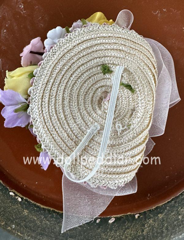Hat with Yellow and Purple Roses & Ribbon Modeled on 4" Doll - Image 2