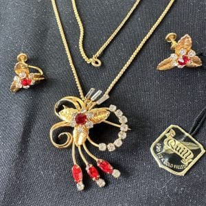 “Aphrodite” Vintage Tru-Kay Box Set, Crystal and Red Rhinestones in Faux Velvet Box