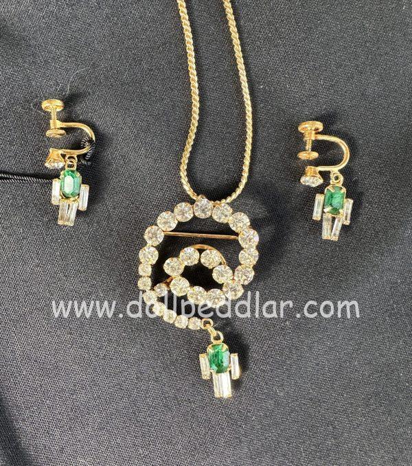 "Hecate" Vintage Tru-Kay Jewelry Set, Crystal and Emerald Rhinestones in Faux Velvet Case