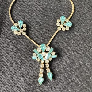“Hera” Vintage Tru-Kay Jewelry Set, Crystal and Aqua Rhinestones in Faux Velvet Case