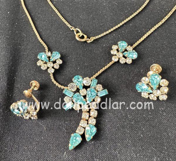 "Hera" Vintage Tru-Kay Jewelry Set, Crystal and Aqua Rhinestones in Faux Velvet Case