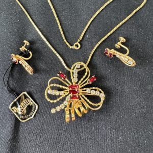 “Arke” Vintage Tru-Kay Box Set, Crystal and Red Rhinestones Butterfly Design in Original Faux Velvet Case