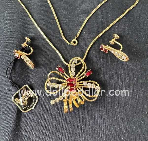 "Arke" Vintage Tru-Kay Box Set, Crystal and Red Rhinestones Butterfly Design in Original Faux Velvet Case