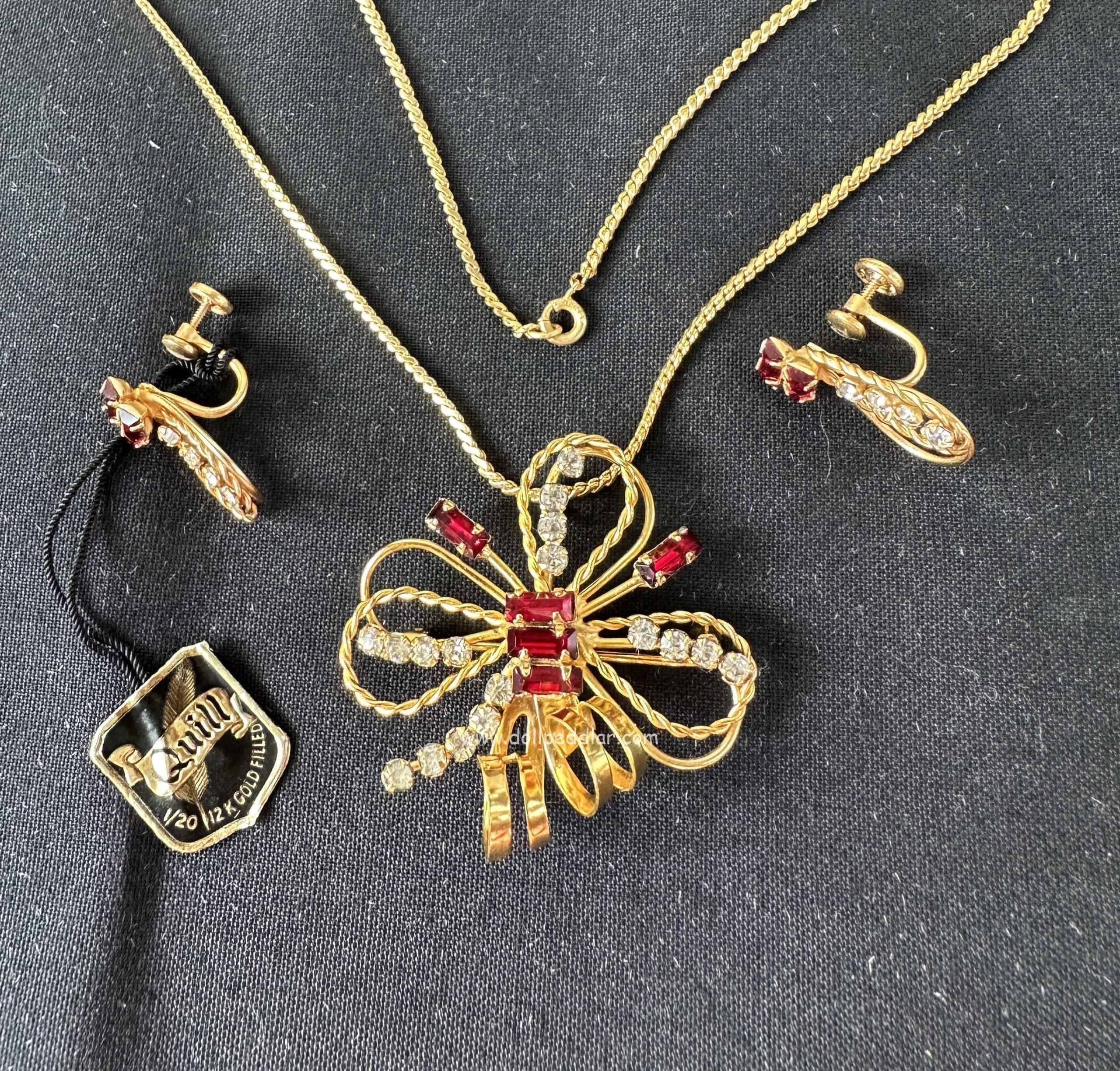 "Arke" Vintage Tru-Kay Box Set, Crystal and Red Rhinestones Butterfly Design in Original Faux Velvet Case