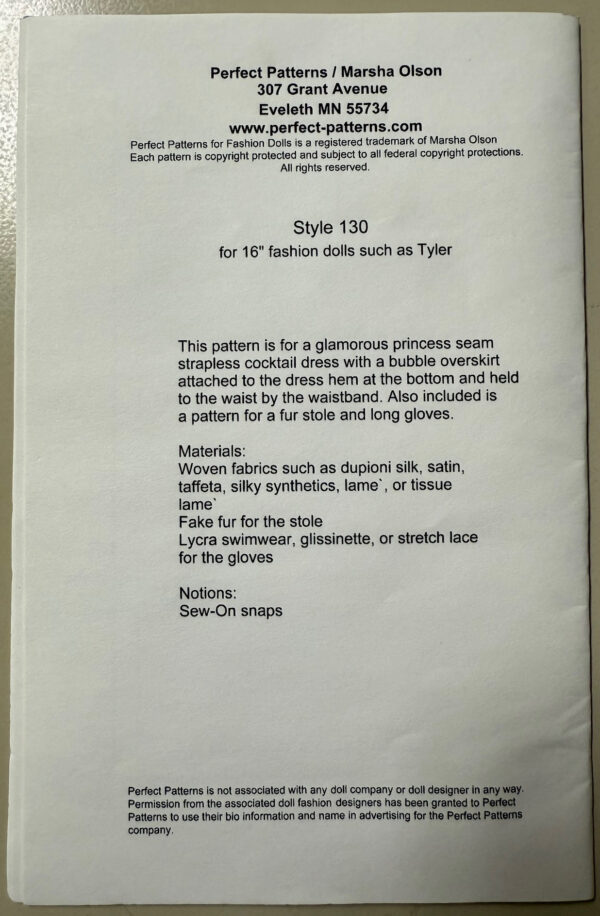 Pf Guide Patterns 2009 PFDF Perfect Patterns for 16″ Fashion Dolls Style 130 – Doll Peddlar