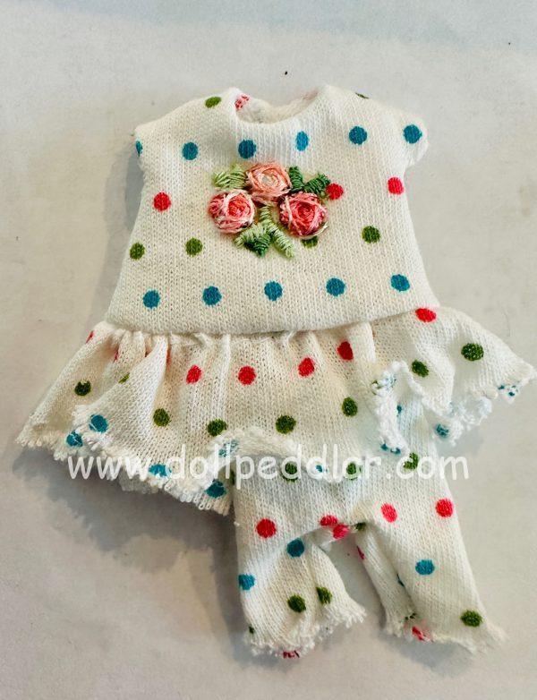 White knit dress & leggings colorful polka dots,flouncy ruffle  Handmade fits 4"-6" (11cm) dolls