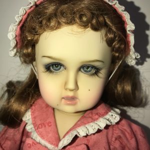 Rose print lace-trimmed dress matching pantaloons and hat  fits 10″, yosd, similar size LE5 for Doll Peddlar