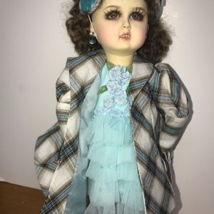 Pale blue Chiffon dress, plaid coat, & hat LE5  for Doll Peddlar Exclusive fits 10″ yosd, similar sizes
