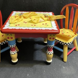 Furniture:  Mary Engelbreit Table, 2 Chairs + Chair Cushions + Plates & Napkins  fits 10″ doll, yosd, similar size. NO BOX
