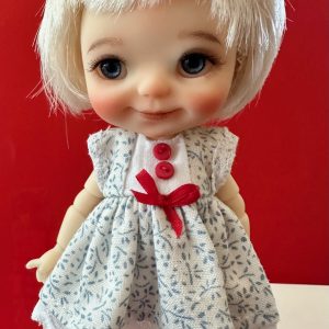 ooak White with Blue Print Dress with red buttons & bow, lined + panty 1/8 Meadowdolls,Lati Yellow Pukifee