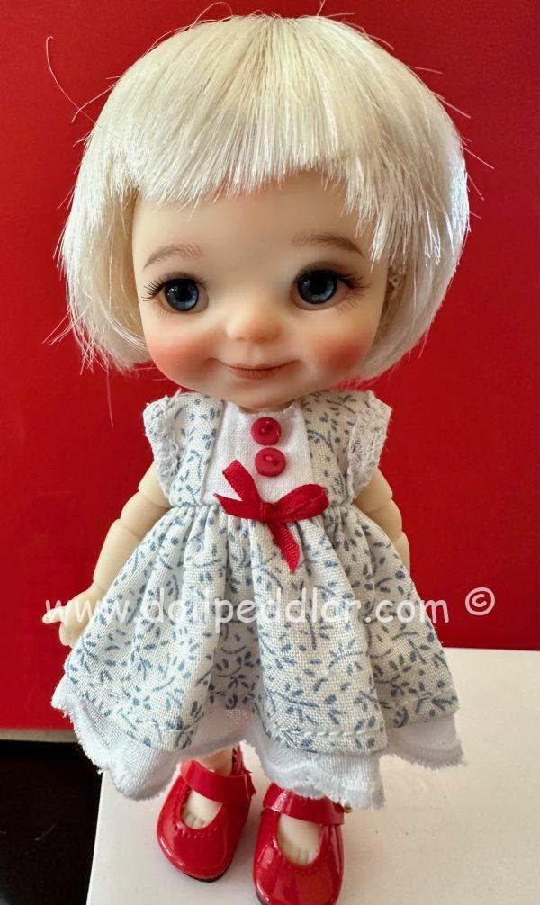White with Blue Print Dress, Red Buttons, Bow & Panty Fits 1/8 Lati Yellow, Pukifee