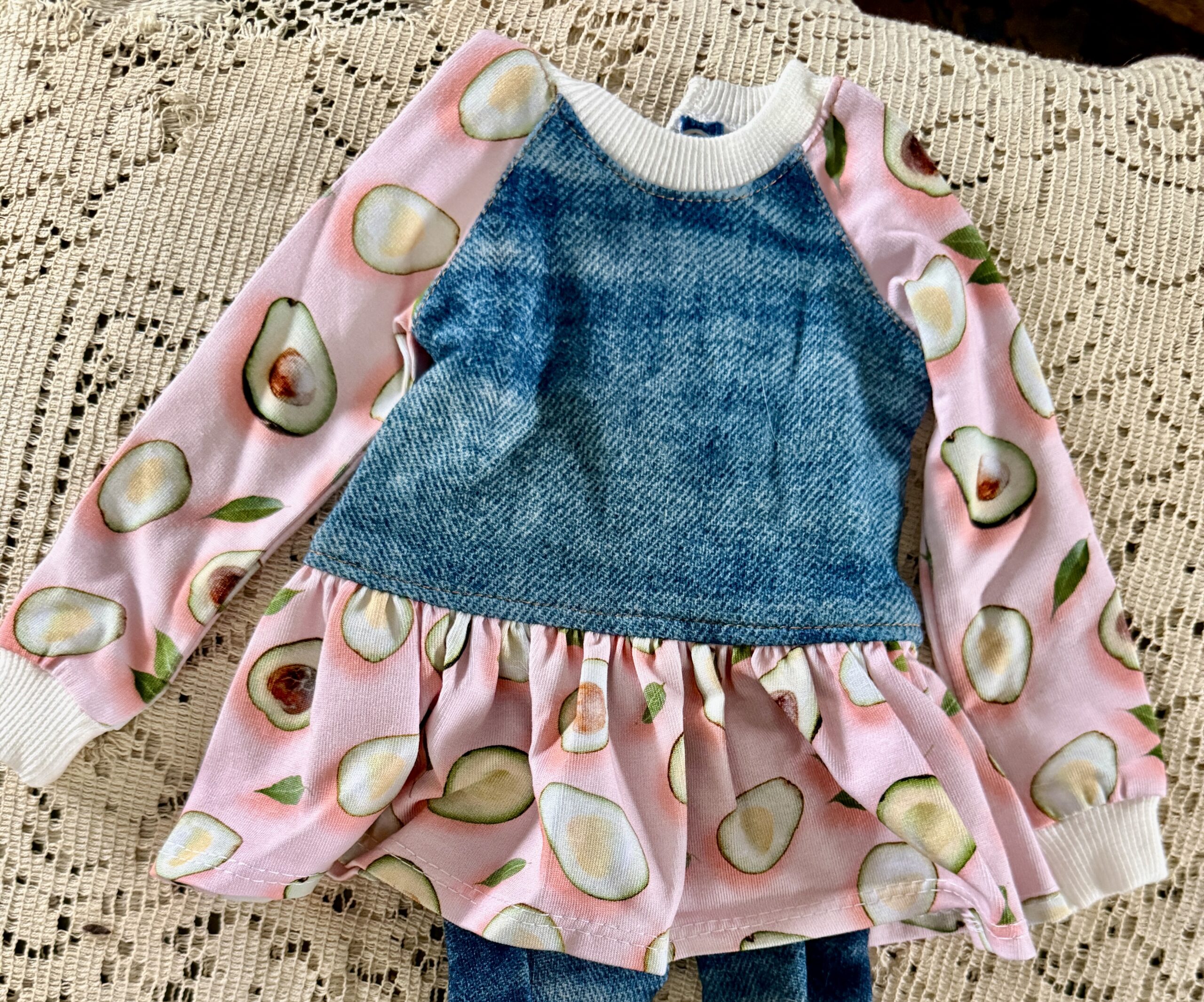 MIIA Fashion Cotton Avocado print dress with inset denim and denim 'tie dyed' Pants Fits 18"-20" Dolls (Meadow LL, American Girl, My Imagination, Etc) - Image 3
