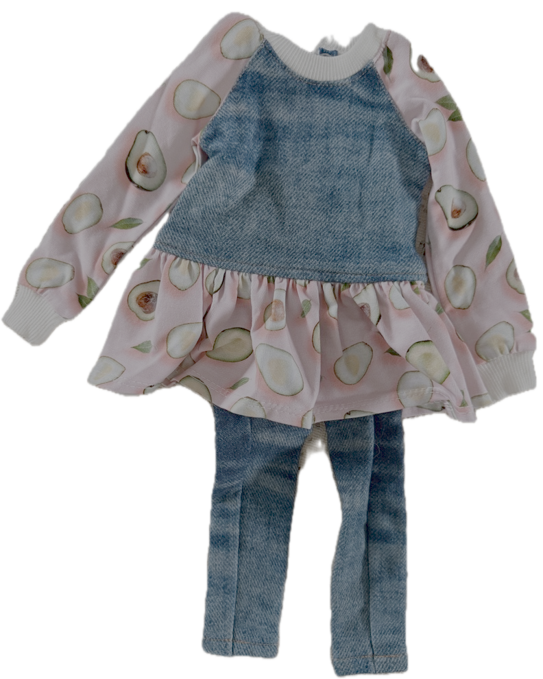 MIIA Fashion Cotton Avocado print dress with inset denim and denim 'tie dyed' Pants Fits 18"-20" Dolls (Meadow LL, American Girl, My Imagination, Etc) - Image 4