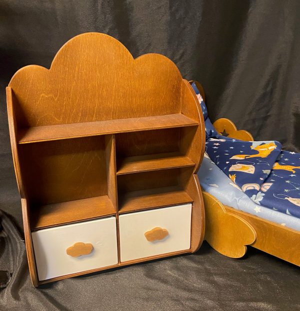 Furniture: Brown Wood Cloud Bed/Mattress/Bedding/Chest (Up to 18" Dolls) - Image 3