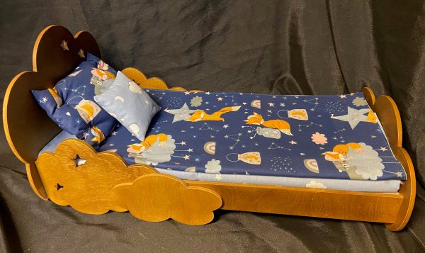 Furniture: Brown Wood Cloud Bed/Mattress/Bedding/Chest (Up to 18" Dolls) - Image 4