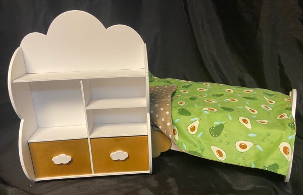 Furniture: White Wood Cloud Bed, Bedding & Chest (Up to 18" Dolls) - Image 5