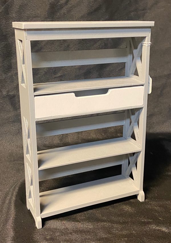 Furniture:  Gray Wood Book Shelf/Bookcase w/White Drawer (For 1/8, 1/6 Size Dolls)