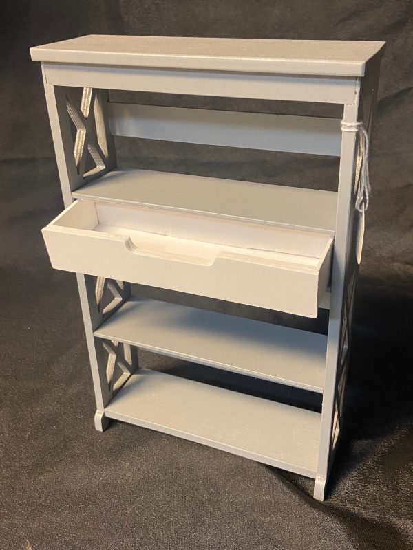 Furniture:  Gray Wood Book Shelf/Bookcase w/White Drawer (For 1/8, 1/6 Size Dolls) - Image 2