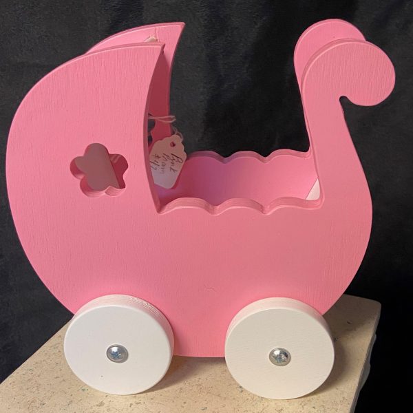 Furniture: Pink w/White Wood Baby Doll Carriage/Pram 6.7" x 6.3"