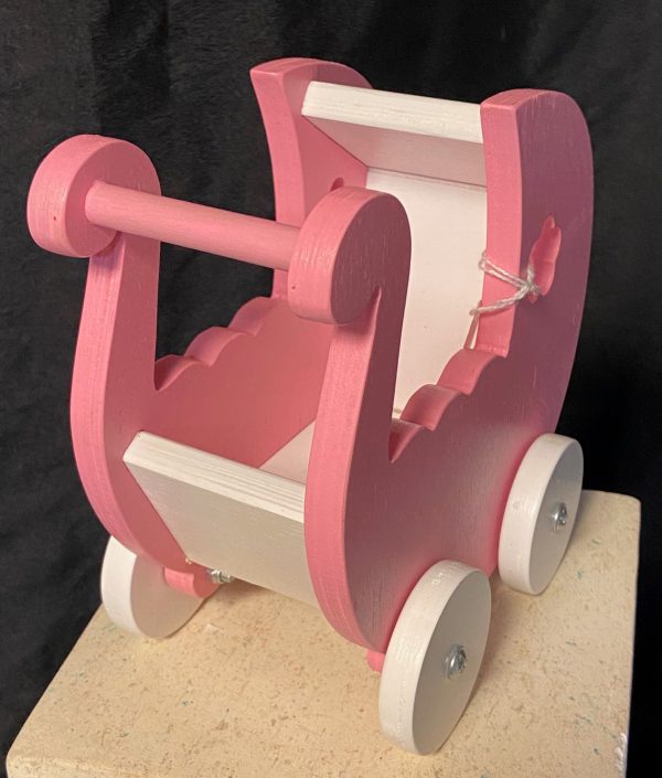 Furniture: Pink w/White Wood Baby Doll Carriage/Pram 6.7" x 6.3" - Image 3