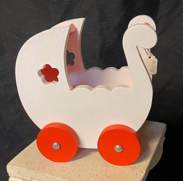Furniture: White w/Red Wood Baby Doll Carriage/Pram 6.7" x 6.3"