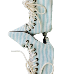 Connie Lowe Blue Striped Heeled Boots 3.75″ x 1.25″ x 3.75″