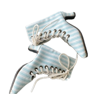 Connie Lowe Blue Striped Heeled Boots 3.75″ x 1.25″ x 3.75″
